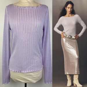 Pilcro * Lavender Metallic Ribbed Boat Neck Long Sleeve Top Large NWT
